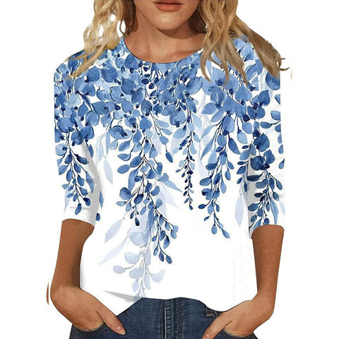 Pullover mit Rundhalsausschnitt und 7/4-Ärmeln, Pflanzenblumen und 3D-Druck, m300615 