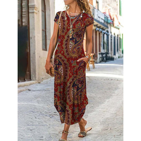 Rundhals-Tasche Kurzarm-Trend-Print-Kleid m300031 