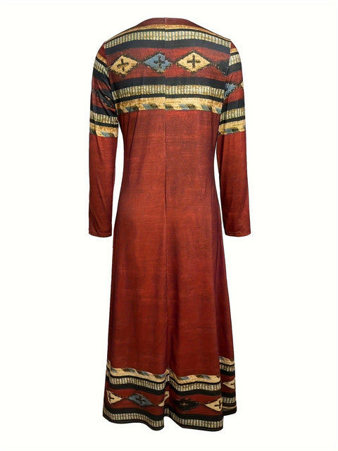 Langes Kleid mit geometrischem Druck und Rundhalsausschnitt, Retro-Ethno-Stil, langes Kleid m300711 