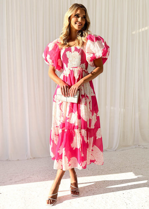 Elegantes, schulterfreies Kleid mit Puffärmeln und Blumenmuster M300289 