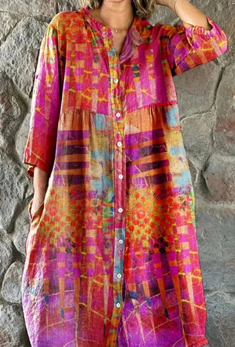 Robe chemise ample à col ras du cou et manches longues pour femme, imprimée, de qualité supérieure, m301050