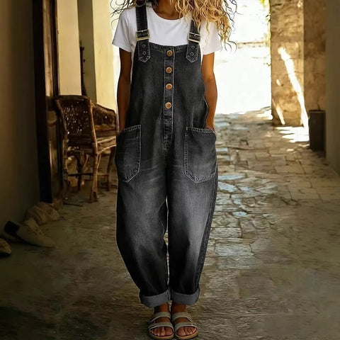 Stylish retro old loose women's casual denim jumpsuit with adjustable buckle m302836