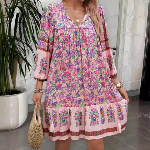 Robe ample décontractée à col en V et imprimé à lacets m300870 