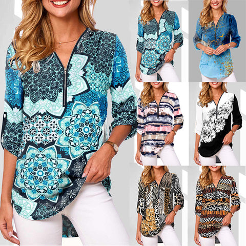 Chemise ample à manches longues et col en V pour femme, grande taille, fermeture éclair, manches retroussables, M300207 