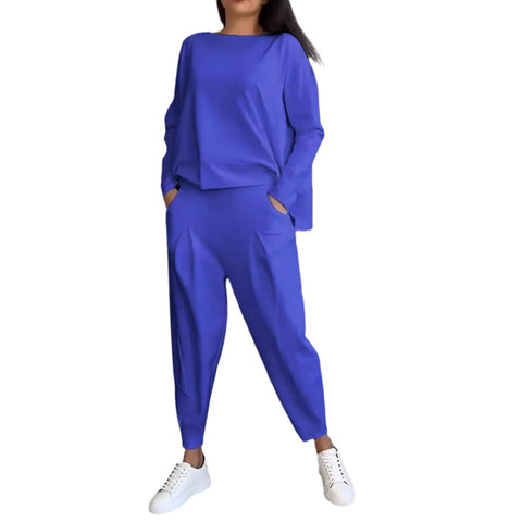 Women's solid color round neck long-sleeved suit women's pocket pants trousers m301510