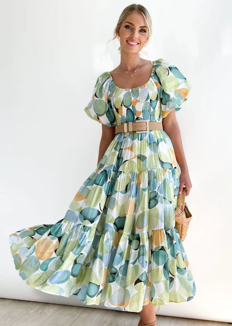 Robe longue imprimée à manches bouffantes et épaules dénudées pour femme M300282 