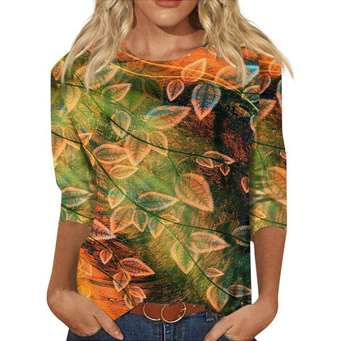 Pullover mit Rundhalsausschnitt und 7/4-Ärmeln, Pflanzenblumen und 3D-Druck, m300615 