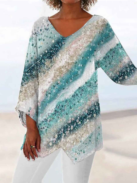 Damen-T-Shirt mit V-Ausschnitt und neunviertellangen Ärmeln und Tiermotiven, lockeres Motiv, m301289 