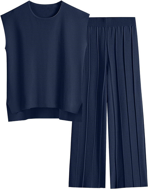 Women's knitted casual suit sleeveless vest knitted sweater + wide-leg pants two-piece set m301592