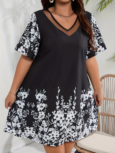 Lockeres, bequemes und lässiges Kurzarmkleid aus bedrucktem Netzstoff mit Nähten M300199 