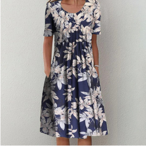 Neues lässiges Kurzarmkleid mit Rundhalsausschnitt und Print m300930 
