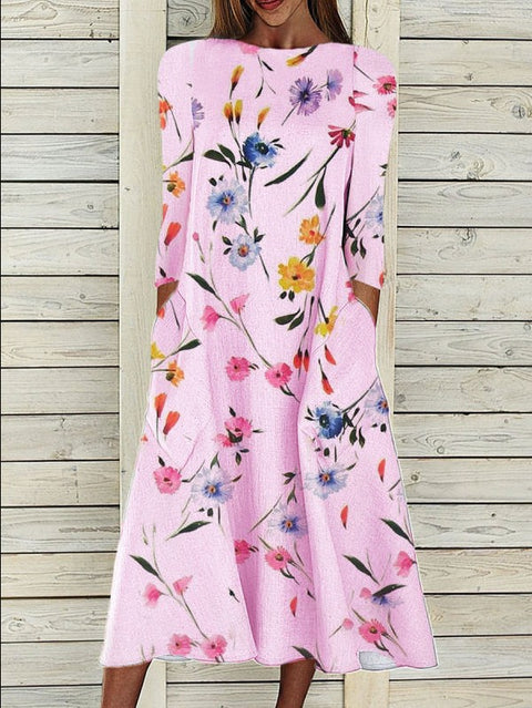 Robe longue ample en coton et lin imprimé à manches 7 points, style décontracté, m300731 