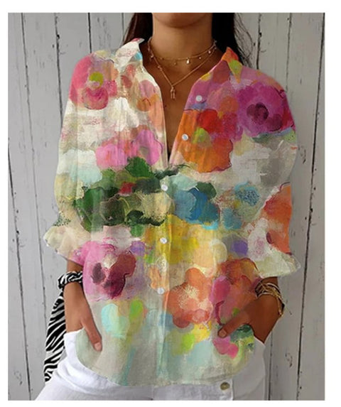 3D digital printing abstract pattern women's long-sleeved buckle linen shirt m302749-03