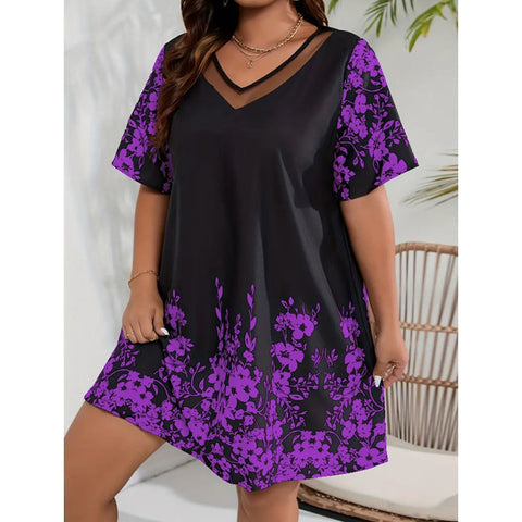 Lockeres, bequemes und lässiges Kurzarmkleid aus bedrucktem Netzstoff mit Nähten M300199 