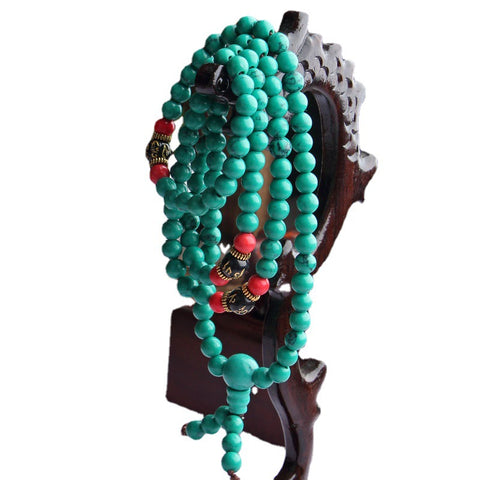 Bracelet multicouches en perles de Bouddha turquoise, ornement tibétain, 108 perles de Bouddha, bracelet enroulé en perles de Bouddha turquoise, fil élastique m3331228