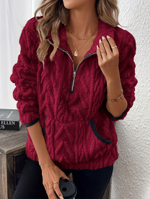 Lapel small fragrant wind jacquard half zipper plush pocket short sweater m302167