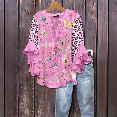 T-shirt à col en V et bordure lotus, imprimé floral créatif, impression numérique, tendance décontractée, m301358 