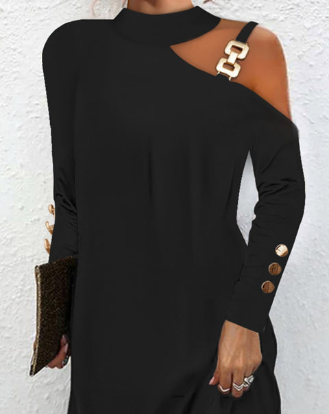 Einfaches Kleid mit Metallschnalle am Hals und Knopfleiste für Damen, m300737 