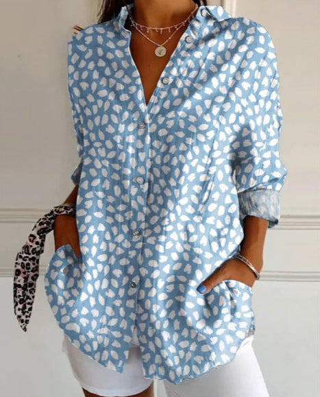 3D digital printing abstract pattern women's long-sleeved buckle linen shirt m302749-03