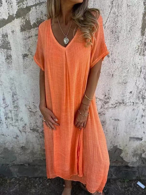 Modisches halbformelles Kleid aus Baumwolle und Leinen mit V-Ausschnitt m301062 