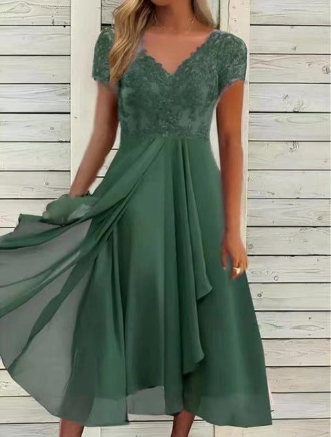 Chiffon-Spleißen V-Ausschnitt Spitze Hohlkleid m301252 