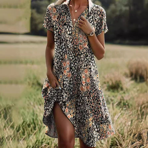 Langes Kleid mit Rundhalsausschnitt und kurzen Ärmeln, Bohemian-Print, m300908 