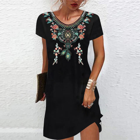 Robe décontractée imprimée à manches courtes et taille moyenne M300193 