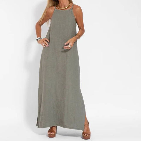 Fashion casual cotton and linen split suspender dress m302080