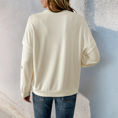 Rundhalspullover, lässiger, langärmeliger Pullover mit Struktur, besticktes Spleißoberteil, m300812 