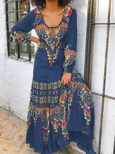 Temperament elegantes Langarmkleid Herbstdruck U-Ausschnitt Strandurlaubsstil langes Kleid m300927 