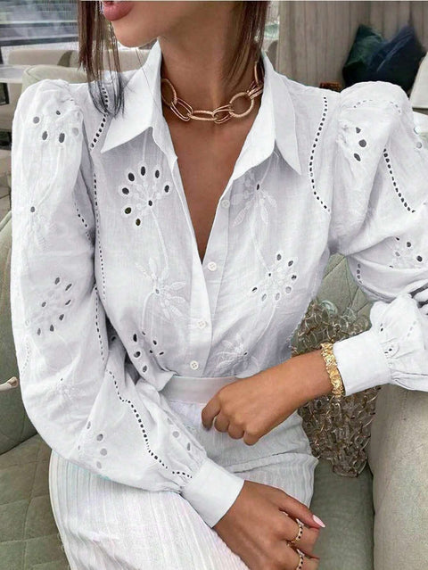 New single-breasted solid color embroidery loophole long-sleeved lapel shirt women's upper m301024