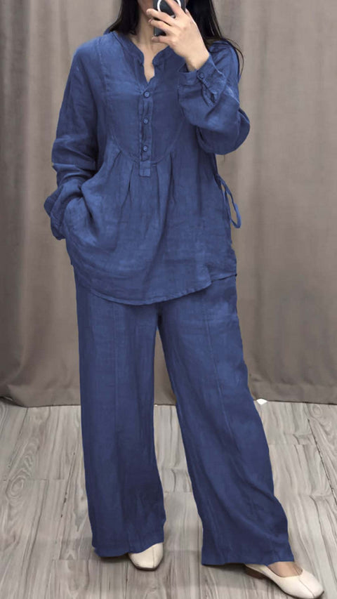 New fashionable and comfortable cotton and linen long-sleeved semi-open placket casual pleated wide-leg pants set m301930