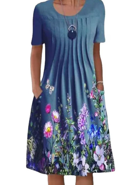 Frühling/Sommer Blumen bedrucktes Rundhals-Taschen-Mittellanges Kleid für Damenbekleidung m300037 