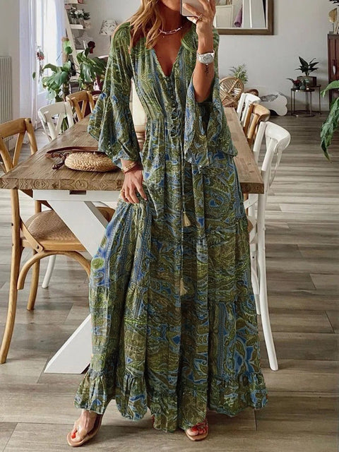 Bohemian Urlaubskleid mit ausgestellten Ärmeln, V-Ausschnitt und hoher Taille, bedruckt, m300709 