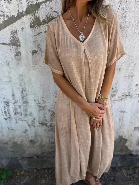 Modisches halbformelles Kleid aus Baumwolle und Leinen mit V-Ausschnitt m301062 