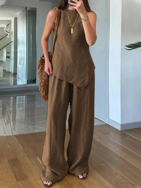 Casual round neck pullover sleeveless plus pocket trousers cotton multi-color m301437