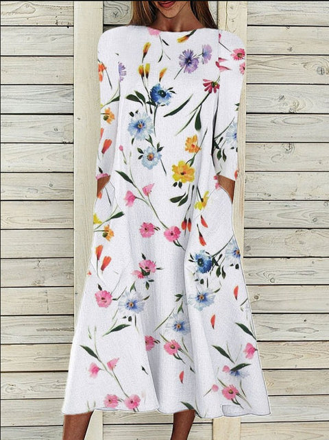 Robe longue ample en coton et lin imprimé à manches 7 points, style décontracté, m300731 