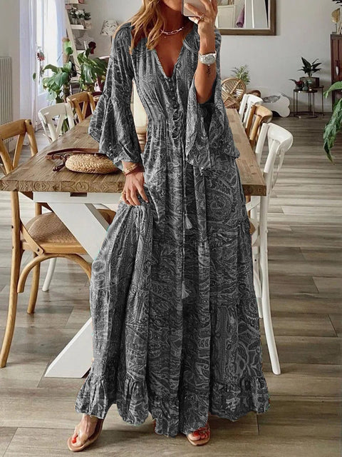 Bohemian Urlaubskleid mit ausgestellten Ärmeln, V-Ausschnitt und hoher Taille, bedruckt, m300709 