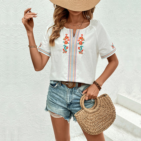 Chemise décontractée à col en V et broderie m300850 