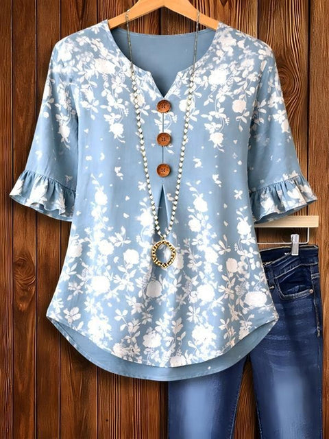 Small V-neck shirt flared sleeve printed button-down shirt m302753