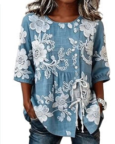 Temperament women's long-sleeved shirt printed top lace-up shirt m302925