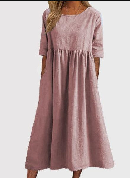 Neues lässiges Kurzarmkleid aus Baumwolle und Leinen mit Falten und Rundhalsausschnitt, m300890 