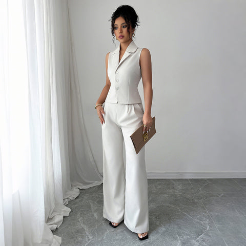 Costume deux pièces style vacances avec gilet et pantalon boutonnés pour femme m301389 