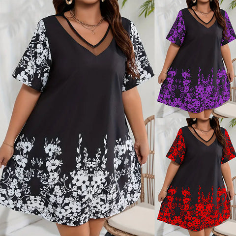 Lockeres, bequemes und lässiges Kurzarmkleid aus bedrucktem Netzstoff mit Nähten M300199 
