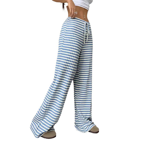 New casual striped solid color rubber band pull rope cotton straight pants m301650