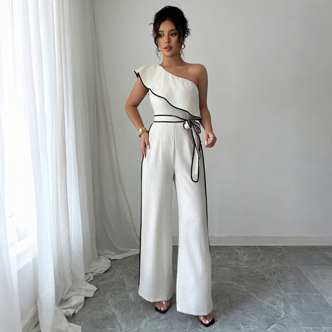 Combinaison pantalon large à épaules inclinées et coupe-vent élégante m301391 