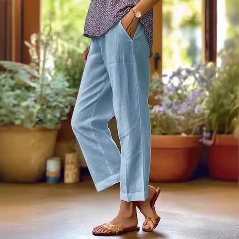 Cotton and linen loose solid color elastic waist pocket straight casual pants m301571