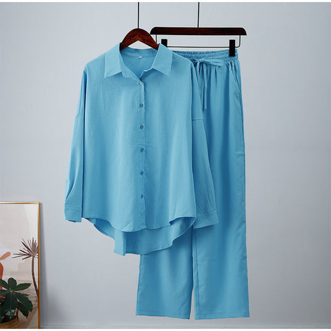 New loose elastic wrinkle long-sleeved shirt wide-leg pants casual suit women's 2-piece set m301960