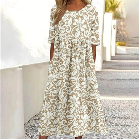 Robe longue décontractée à col ras du cou et manches courtes pour femme, imprimé 3D, taille plissée, style trapèze, m301299 