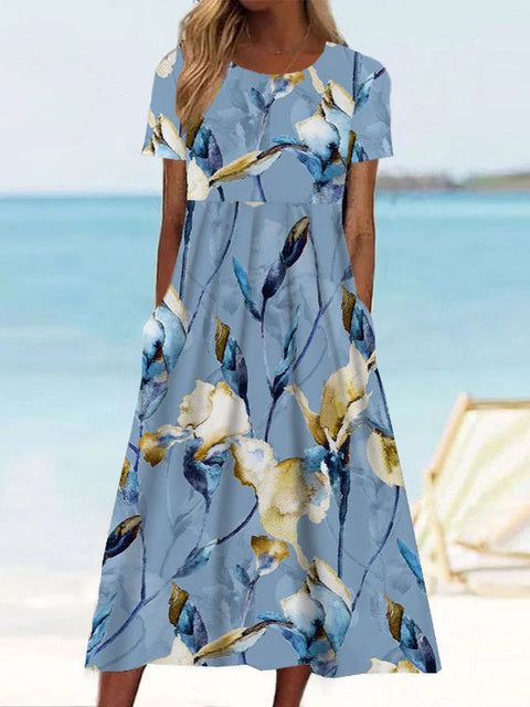 Sommer neues Damen-Swing-Kleid mit mittlerer Taille und lässigem Rundhalsausschnitt und Print m300040 